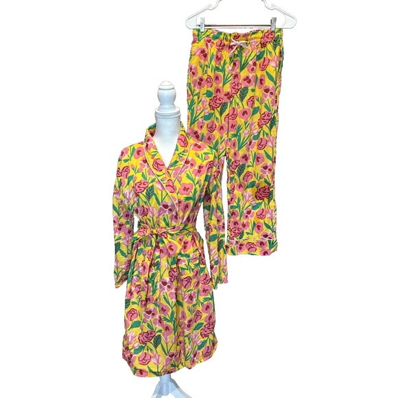 Ban. do Pajama Set Floral Small Robe Pants Honey Las Flores Yellow Green Pink - Picture 1 of 11